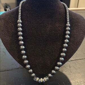 Gray Faux Pearl Rhinestone Elegant Silver Necklace